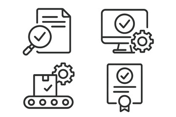 Poster - Quality control icon set. Inspection process line icons. Product testing, evaluation, certification concepts. Assurance, verification, guarantee. Checkmark, conveyor, document.