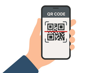 Poster - Hand holding smartphone scanning a QR code. Mobile phone with QR code reader app on screen. Concept for contactless payment, online shopping, digital verification, cashless society.