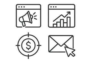 Leinwandbilder - Digital marketing icon set. Web advertising, SEO analytics, PPC target, and email campaign symbols. Business strategy and growth concept. Vector line art illustration.