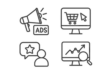 Fototapete - Digital marketing icon set. Thin line style symbols for web and mobile apps. E-commerce, advertising, customer feedback, and SEO data analytics. Vector business graphics.