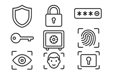 Poster - Security line icon set. Cyber safety and data protection symbols. Vector collection of shield, padlock, password, key, and safe. Biometric authentication by fingerprint, face ID, and eye scan.