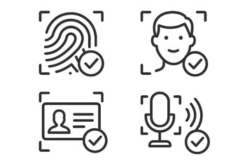 Fototapete - Set of identity verification line icons. Biometric authentication concepts for web and mobile app. Fingerprint scan, face ID, document check, and voice recognition symbols.
