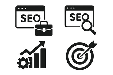Poster - SEO marketing icon set. Search engine optimization symbols for web and mobile app. Business concept for traffic growth, data analysis, strategy, and keyword targeting.