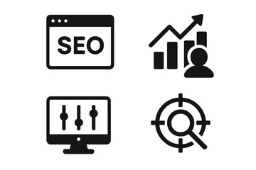 Aufkleber - SEO optimization icon set. Search engine marketing strategy symbols. Digital business analytics, traffic growth, target audience research, and web control panel vector icons.