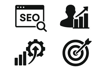 Aufkleber - SEO Optimization Vector Icons Set. Search Engine Marketing, Traffic Growth, Target Audience, Business Analytics, Ranking Improvement, Web and Mobile App Optimization Concepts