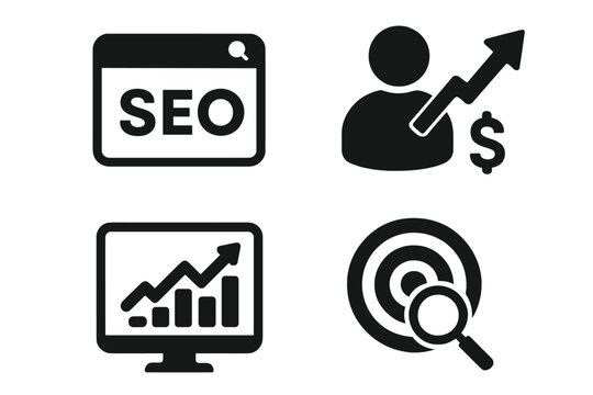 SEO marketing icon set for business. Financial growth, data analytics chart, and target audience research symbols. Vector graphic elements for website and presentation.