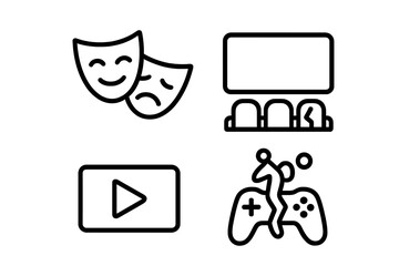 Fototapete - Entertainment and lifestyle web icons. Line style vector illustration set. Theater, cinema, video, and gaming concepts. Includes drama masks, movie screen, and broken gamepad.