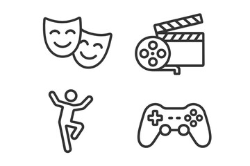 Fototapete - Entertainment and lifestyle icon set. Thin line art style icons for web and mobile app design. Theater masks, cinema clapperboard, dancing figure, and game controller.