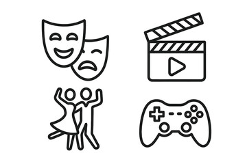 Fototapete - Entertainment icon set with theater mask, movie clapper, dancing, and game controller. Vector line art for web and mobile app UI. Concepts of cinema, drama, party, and gaming.
