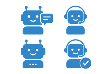 Fototapete - Chatbot icon set in flat style. AI assistant, online consultation and customer service bot. Support agent with headset. Vector graphic for messenger and helpdesk concepts.