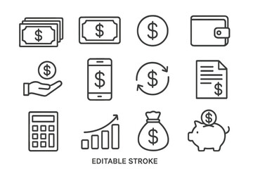 Fototapete - Money and finance thin line icon set. Business, payment, currency and banking symbols. Financial vector illustration collection with editable stroke for web and mobile design.