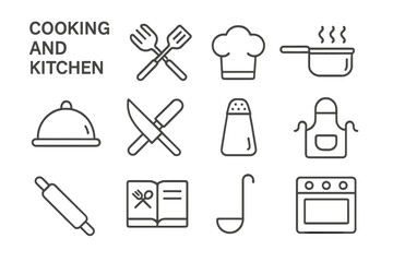 Poster - Cooking and kitchen line icon set. Culinary utensils, chef hat, recipe book, and equipment symbols. Editable stroke vector illustration for web, mobile app, and menu design.