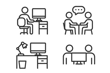 Poster - Office and coworking icon set. Business people working at a computer desk, having a meeting, and team collaboration. Outline pictograms for web and mobile app design.