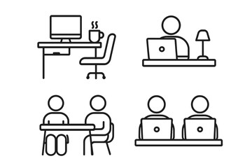 Poster - Modern Office and Coworking Workspace Line Icon Set – Remote Work, Desk, Meeting, Collaboration, Laptop, Corporate Workspace, Web and Mobile App Graphics