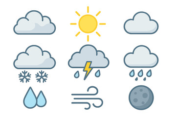 Poster - Weather forecast vector icon set. Collection of meteorology symbols like sun, cloud, rain, snow, storm, wind, and moon. Climate concept for web and mobile app design.