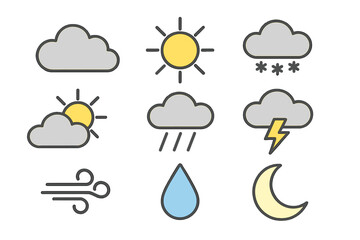 Fototapete - Weather forecast icon set. Meteorology concept symbols. Simple outline graphics for sun, cloud, rain, snow, wind, storm, thunder, moon. Vector illustration collection.