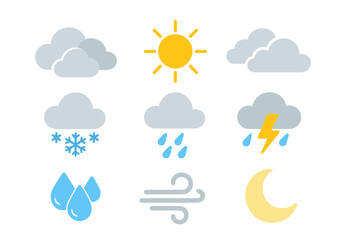 Poster - Weather forecast icon set. Meteorology symbols collection. Includes sun, cloud, rain, storm, snow, wind, and moon. Simple flat vector illustration for web and apps.