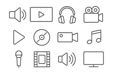 Fototapete - multimedia line icons set. vector sound, music, audio, video, headphones, microphone, movie camera, 