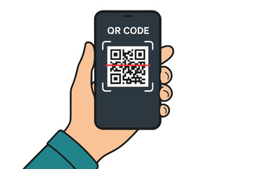 Aufkleber - Hand holding smartphone with QR code scanner on screen. Scanning QR code, barcode on mobile phone. Concept of contactless payment, online shopping, and cashless society.