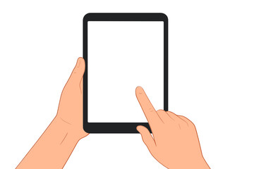 Poster - Hands holding black tablet with blank screen mockup. Human hand using digital device, finger touching screen. Template for app presentation or UI design. Vector illustration.