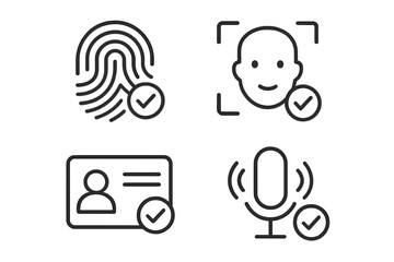 Fototapete - Identity verification icon set. Biometric authentication symbols for web and mobile app. Fingerprint scan, face recognition, ID card, and voice control security access.