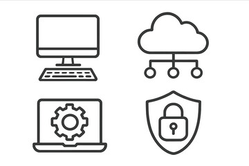 Fototapete - Information technology line icon set. IT concepts for web and mobile app design. Vector icons of computer, cloud computing, network, laptop settings, and cybersecurity shield.