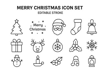 Aufkleber - Merry Christmas thin line icon set. Xmas holiday outline symbol collection. Vector winter celebration graphic elements with editable stroke. Santa, reindeer, gift, tree.