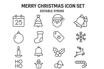 Aufkleber - Merry Christmas thin line icon set with editable stroke. Xmas linear symbols collection. Vector outline pictogram of Santa, reindeer, snowman, snowflake for holiday celebration.