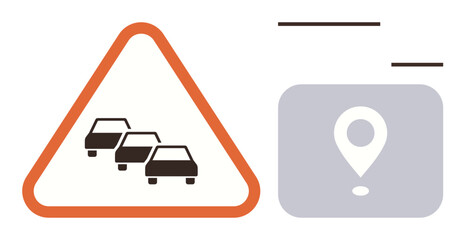 Poster - Cars represent congestion in a triangular warning sign next to a navigation icon. Ideal for traffic management, safety, navigation, route optimization, city planning, travel alerts, simple flat