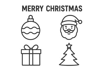 Aufkleber - Merry Christmas line icon set. Vector collection of holiday symbols: Santa Claus head, gift box, fir tree, and bauble ornament. Minimal outline graphics for winter celebration.