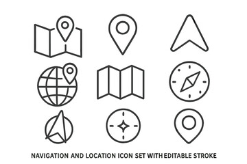Fototapete - Navigation and location line icon set. GPS pointer, map pin, compass, and globe symbols. Vector symbols for travel, direction, and route. UI UX web design elements.