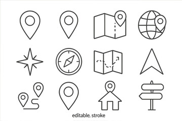 Aufkleber - Navigation and location line icon set. Editable stroke vector symbols for map, GPS, pin, direction, and travel. Geo, destination, route, and compass signs collection.