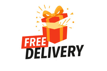 Poster - Free delivery service promotion banner. Open gift box with surprise light. Special offer for online shopping, e-commerce order. Shipping icon vector illustration concept.
