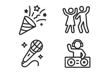 Aufkleber - Party and celebration icon set in thin line style. Vector symbols for events, holidays, and anniversaries. Includes DJ, karaoke microphone, dancing couple, and popper icons.