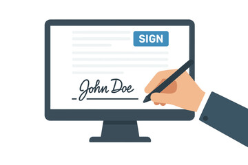 Poster - Electronic signature on a computer screen. Digital contract signing concept. Online document agreement technology. Man's hand with pen signing a legal business deal. Vector.
