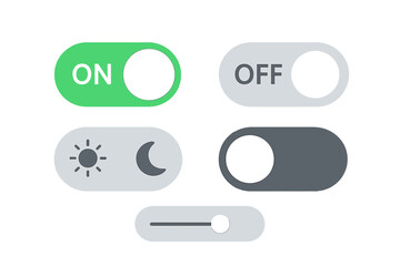 Poster - Modern UI Toggle Switch Vector Set. On Off Toggle Buttons. Day Night Mode Icons. Mobile App Interface Sliders. Simple Flat Design Elements for Web, App, Settings, Brightness Controls