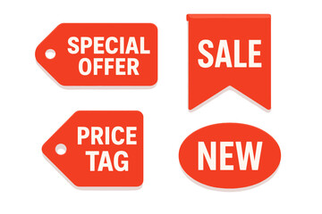 Poster - Red price tags vector collection. Special offer, sale, and new arrival sticker set. Modern promotional shopping discount label. Commercial badge and product tag illustration.