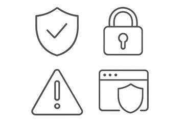 Fototapete - Security icon set. Web protection, data privacy concepts. Thin line vector symbols of shield, lock, warning alert, and browser safety for website UI UX on transparent background.