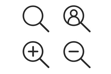 Poster - Search icon set. Magnifying glass vector collection with zoom in, zoom out, and find user symbols. Loupe or magnifier signs for web, UI, UX, and recruitment concepts.