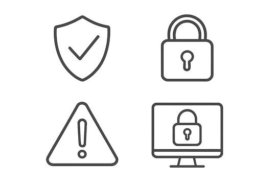 Security line icon set. Cybersecurity, protection, and privacy symbols. Shield with checkmark, padlock, warning sign, and computer lock pictogram collection for web and app UI design.