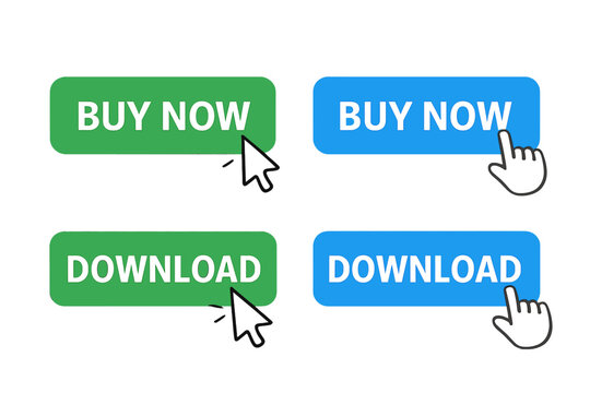 Set of buy now and download buttons for a website. Call to action UI element with a computer mouse cursor and hand pointer symbol. Vector illustration for online shopping.
