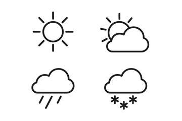 Fototapete - Minimalist Weather Icons Set – Line Style Sun, Partly Cloudy, Rain, Snow Cloud Symbols for Weather App and Web, Modern Forecast Vector Illustration