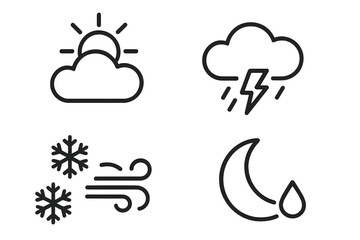 Fototapete - Weather Forecast Line Style Icons Set—Cloud, Sun, Thunderstorm, Wind, Snowflake, Dew Drop, Night and Day Elements for Mobile App or Web Design, Minimal Vector Symbol Collection