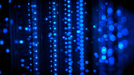 Poster - Close-up of glowing blue server rack lights creating an abstract technological pattern on a dark background.