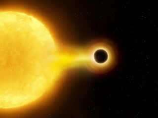 Wall Mural - black hole absorbs matter from the atmosphere of a large star. singularity destroys sun in space.