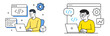 © -A/v/R- - Developers coding on laptops with web design elements and programming graphics present in modern workspace setting