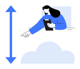 Poster - Woman holding clipboard and pointing upward near a cloud and vertical arrow indicating growth or aspiration. Ideal for progress, ambition, success, development, innovation, motivation, simple landing