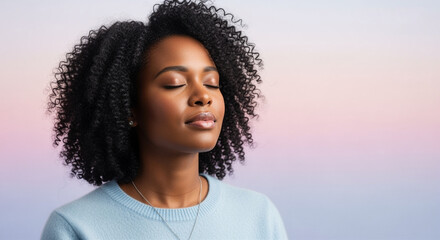 Poster - Woman meditating with eyes closed calm expression soft background