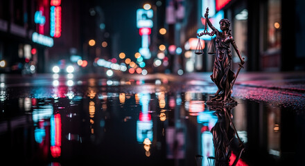 Poster - Justice statue on wet street with neon lights reflection at night