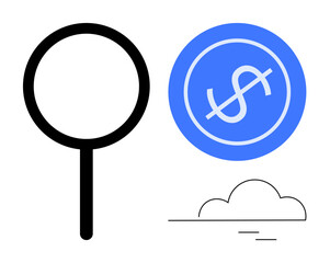 Poster - Magnifying glass near dollar sign and cloud, conveying financial analysis, economic trends, savings, investment, online economy, cloud technology, data exploration. Ideal for simple flat metaphor